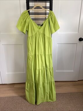 Tiered Lime Green Maxi Dress with Flutter Short Sleeves